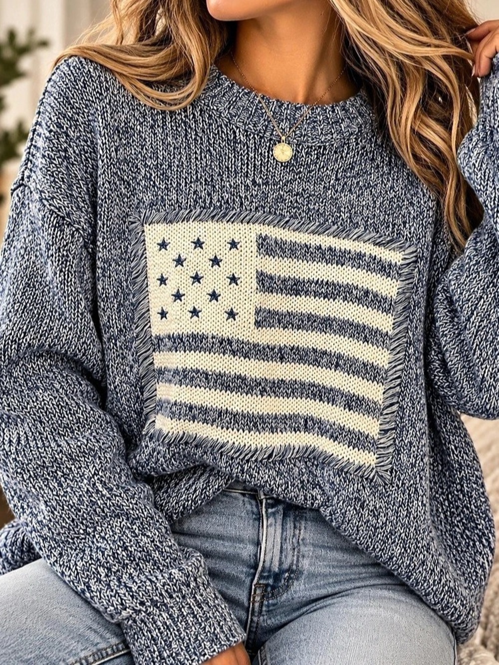 Medium | Rachel Zoe | Blue American Flag Cotton Sweater Coastal Americana